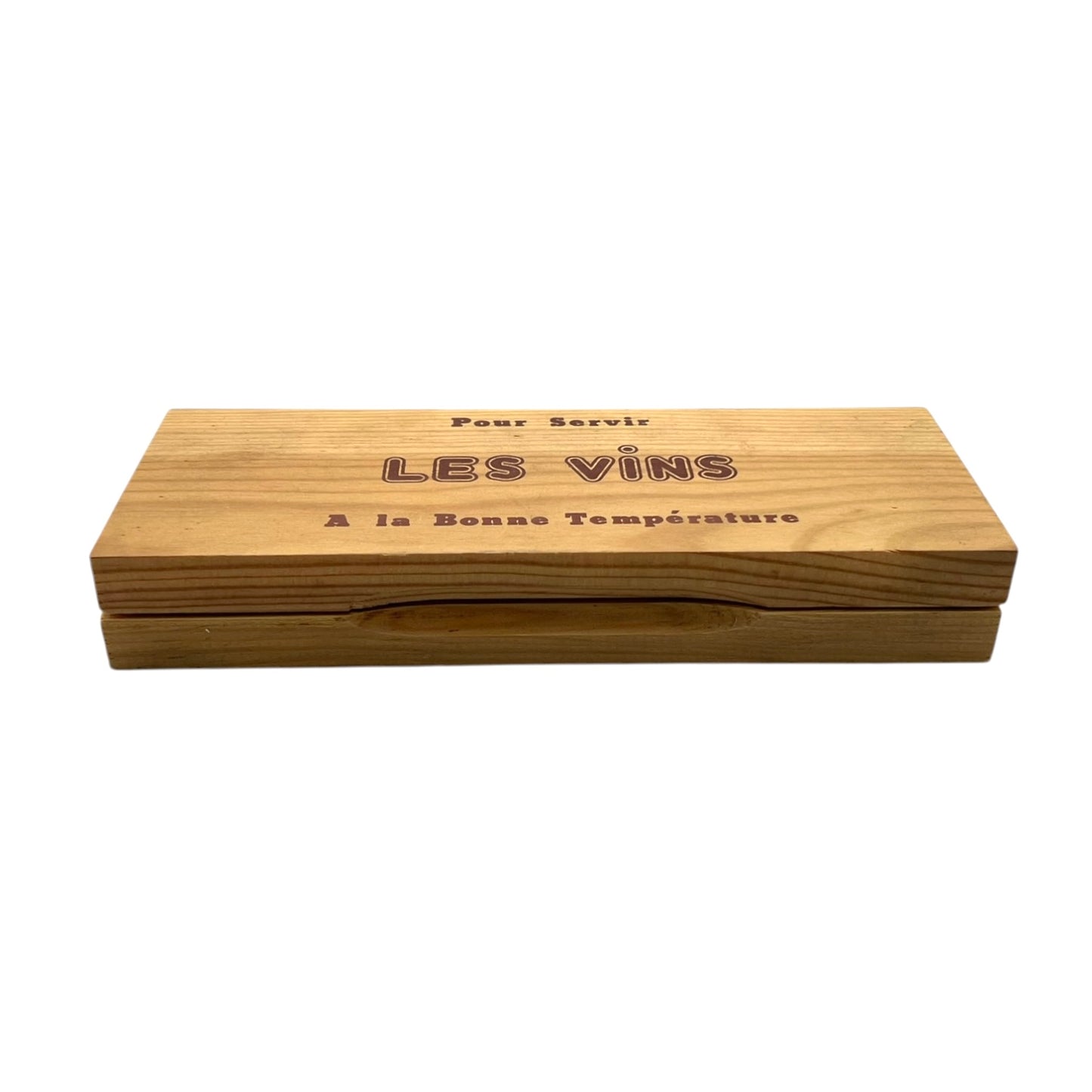 Wooden wine cooler with engraved text on a white background