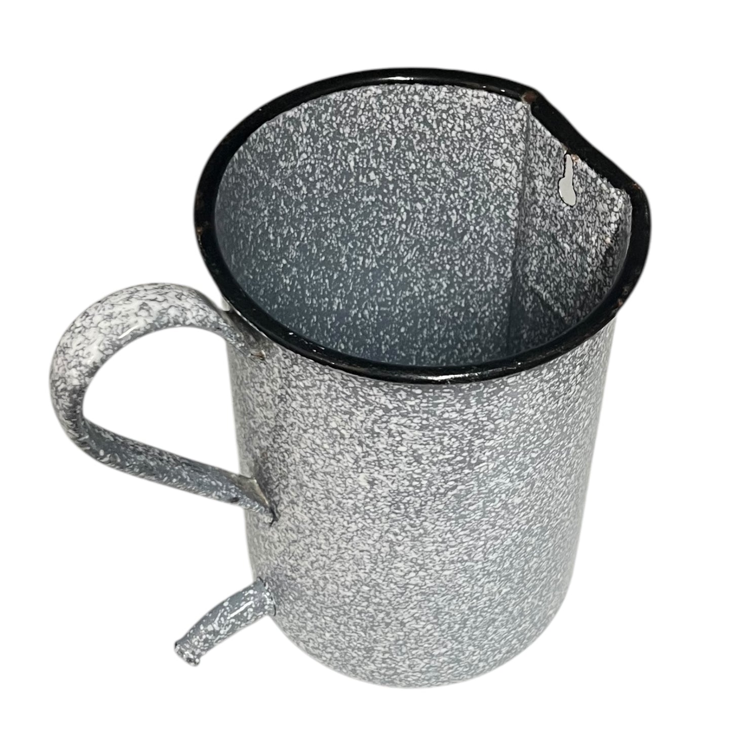 Vintage French grey and white speckled irrigator with a spout and a handle on a white background