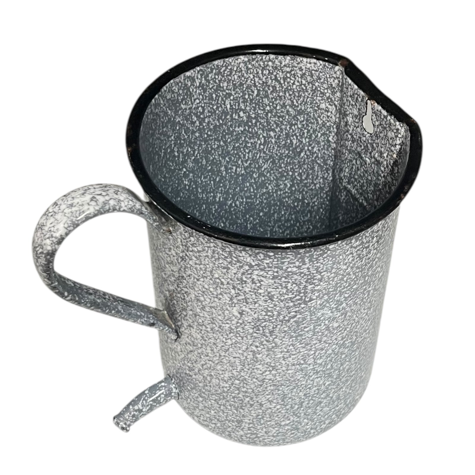Vintage French grey and white speckled irrigator with a spout and a handle on a white background
