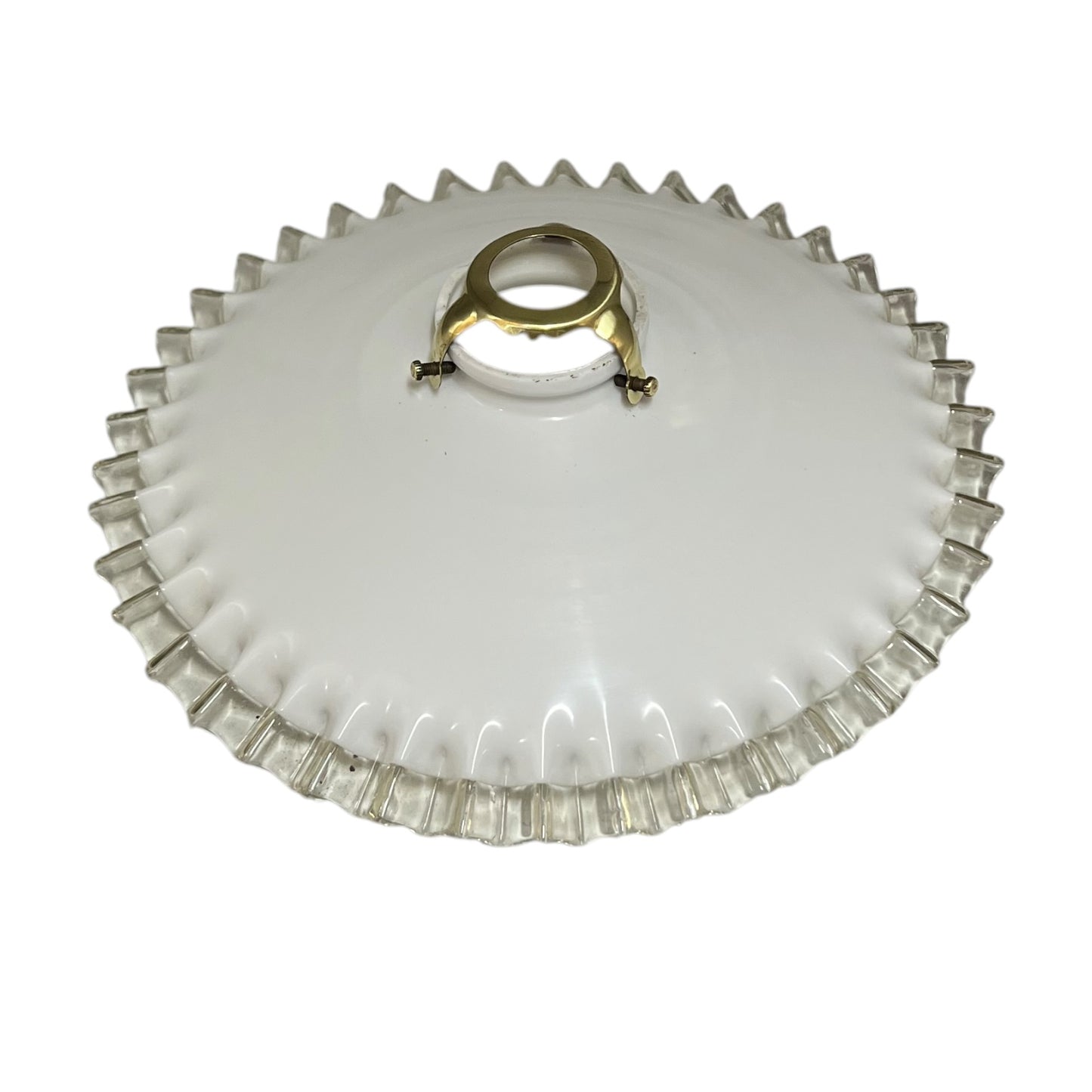 French vintage milk glass opaline lampshade with a frilled edge and brass collar, set against a white background, perfect for adding charm to a vintage-style period home.