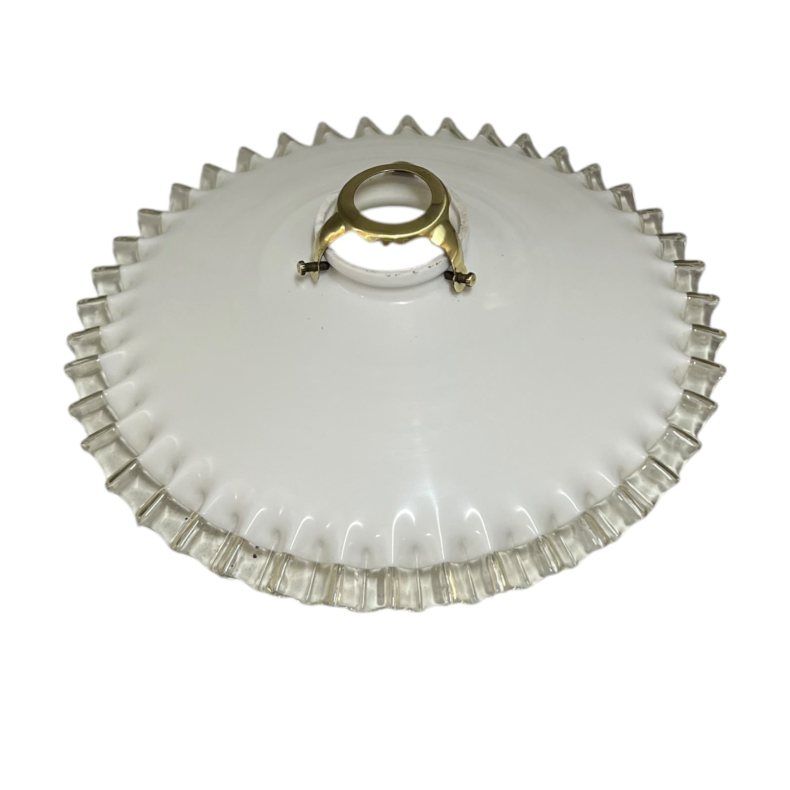 French vintage milk glass opaline lampshade with a frilled edge and brass collar, set against a white background, perfect for adding charm to a vintage-style period home.
