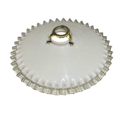 French vintage milk glass opaline lampshade with a frilled edge and brass collar, set against a white background, perfect for adding charm to a vintage-style period home.