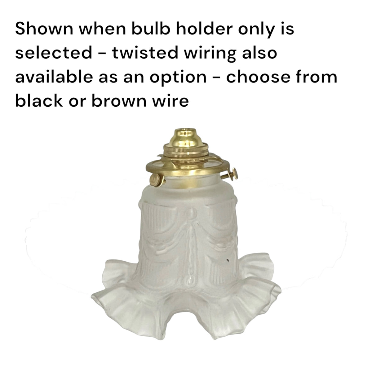 A white vintage-style bell-shaped glass shade or lamp base with a brass-colored bulb holder and top fitting, shown on a white background with black text explaining bulb holder and wiring options.
