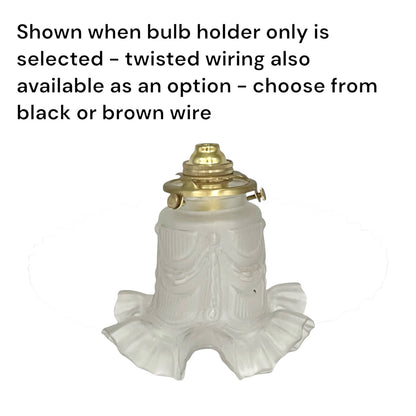 A white vintage-style bell-shaped glass shade or lamp base with a brass-colored bulb holder and top fitting, shown on a white background with black text explaining bulb holder and wiring options.