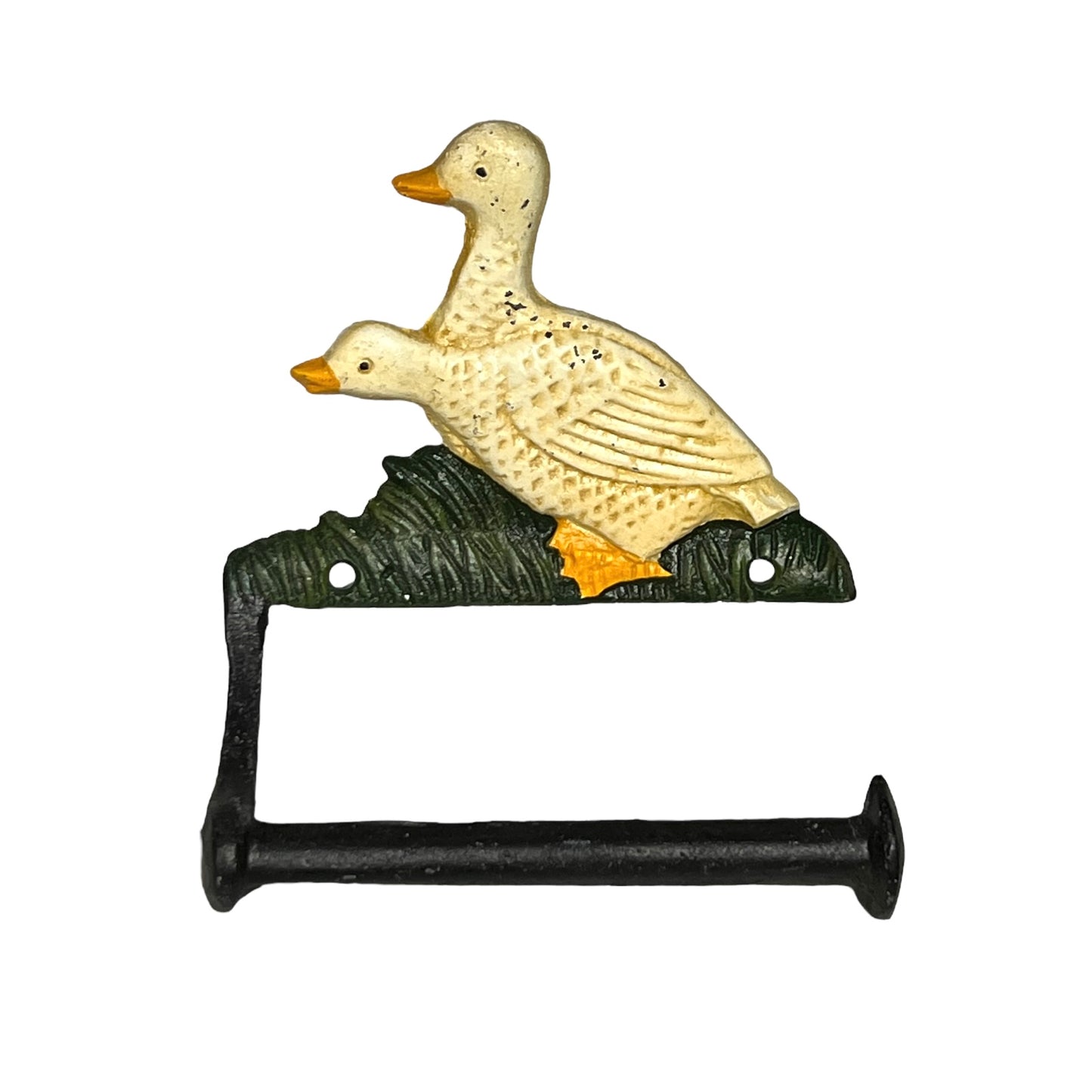 Decorative toilet paper holder with goose design on a white background