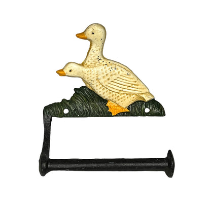 Decorative toilet paper holder with goose design on a white background