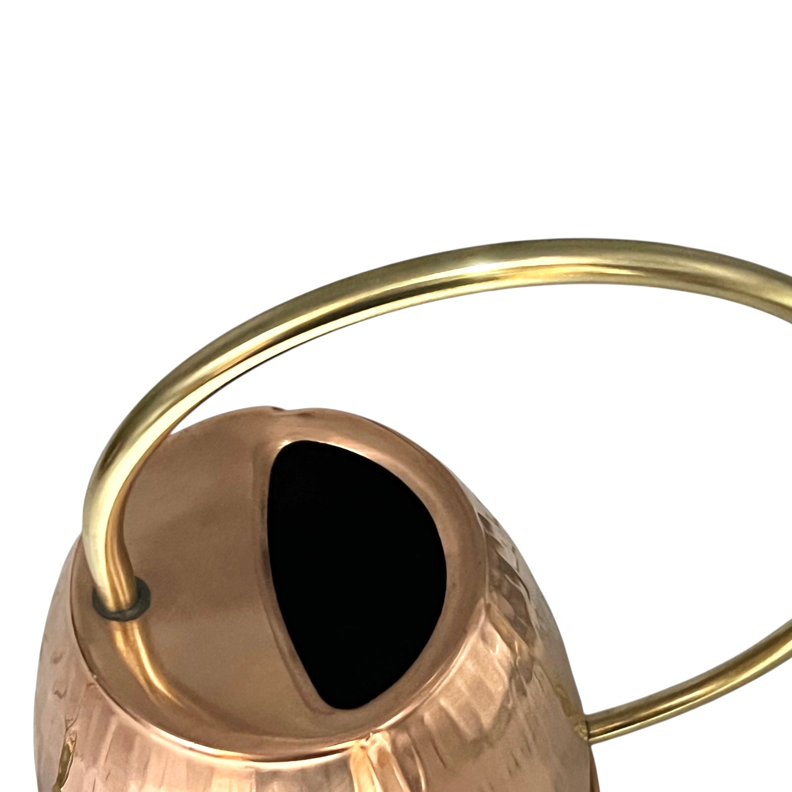 Close up of copper and brass watering can on a white background