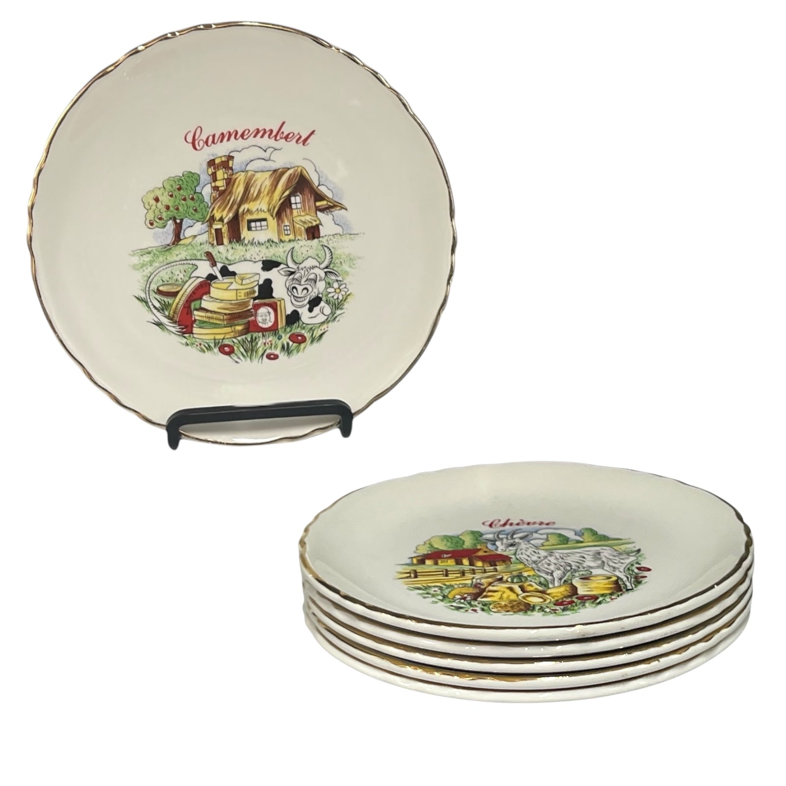 Set of 6 porcelain cheese plates with farm-themed designs on a white background