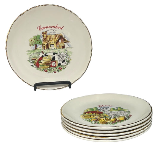 Set of 6 porcelain cheese plates with farm-themed designs on a white background