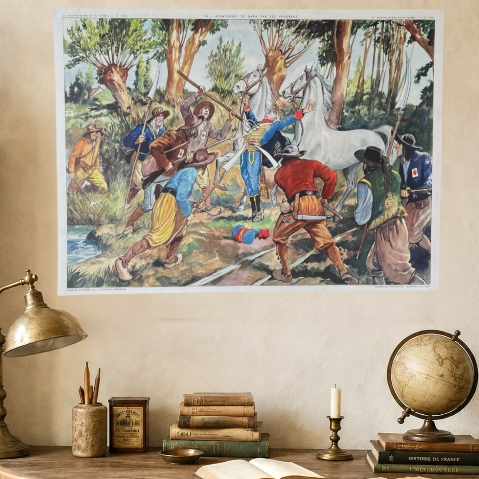 Decorative poster of a historical scene with people in a forest on a wall above a desk with books and a globe.