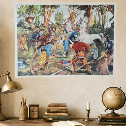 Decorative poster of a historical scene with people in a forest on a wall above a desk with books and a globe.