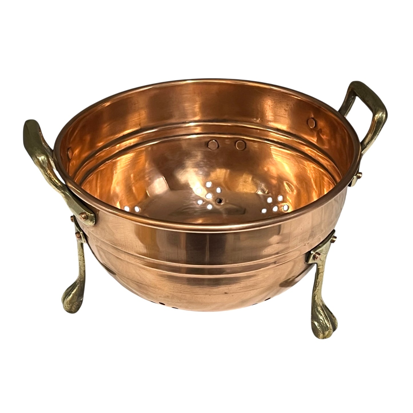 Copper colander with handles on a white background