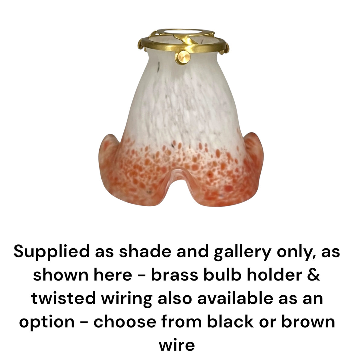 Bell shaped mottled coral coloured glass lampshade with a brass collar and text underneath detailing buying options shown on a white background 
