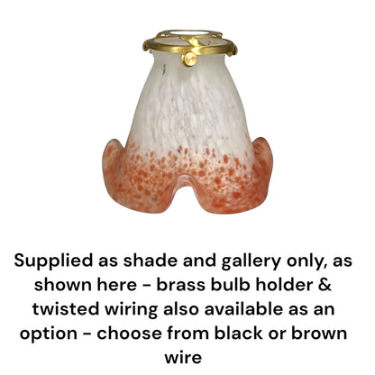 Bell shaped mottled coral coloured glass lampshade with a brass collar and text underneath detailing buying options shown on a white background 