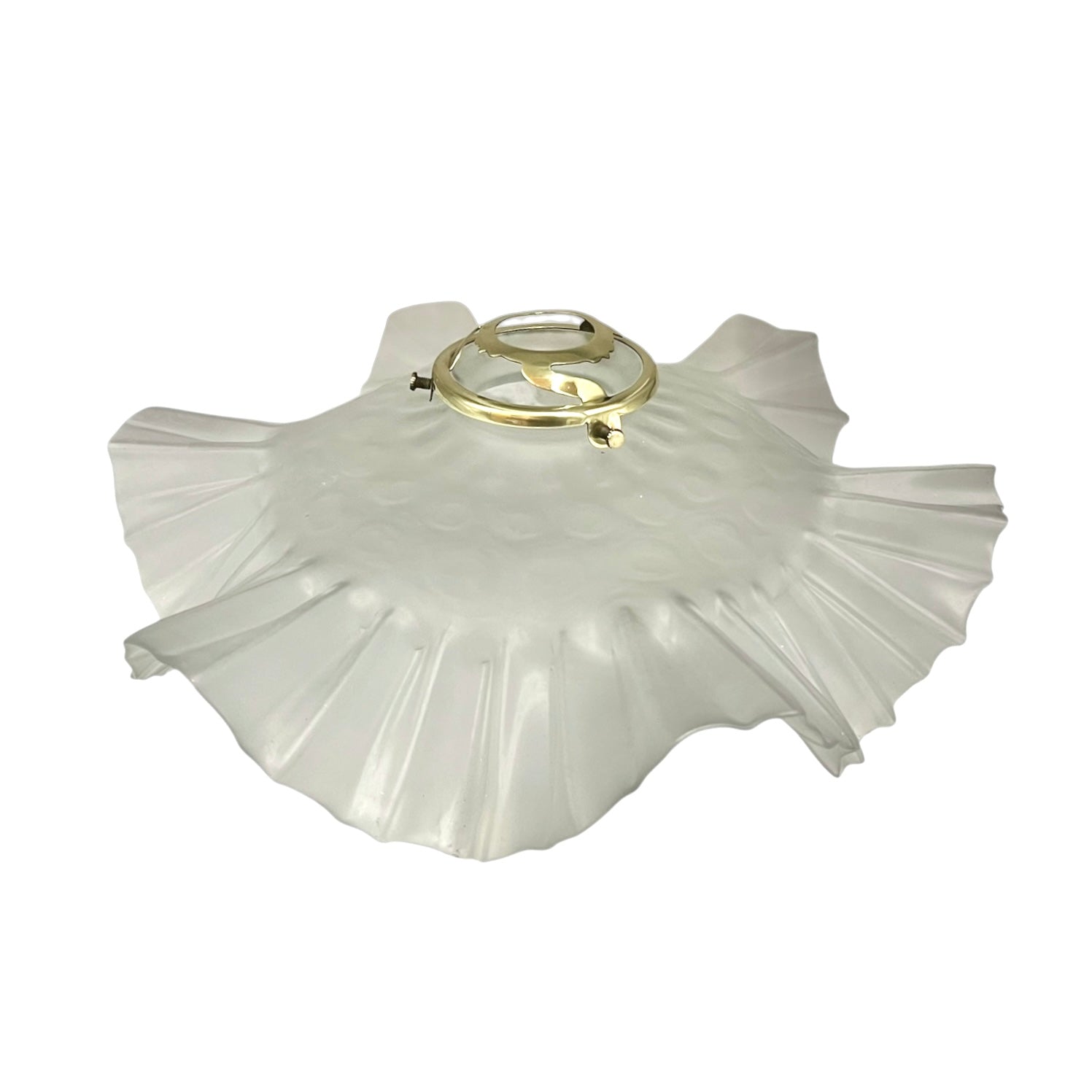 French vintage frosted glass lampshade with a frilled scalloped style edge and a brass collar on a white background