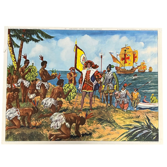 Vintage French large wall poster featuring Christopher Columbus discovering the Americas for the first time, set against a white background, perfect for adding a touch of vintage charm to your home décor.