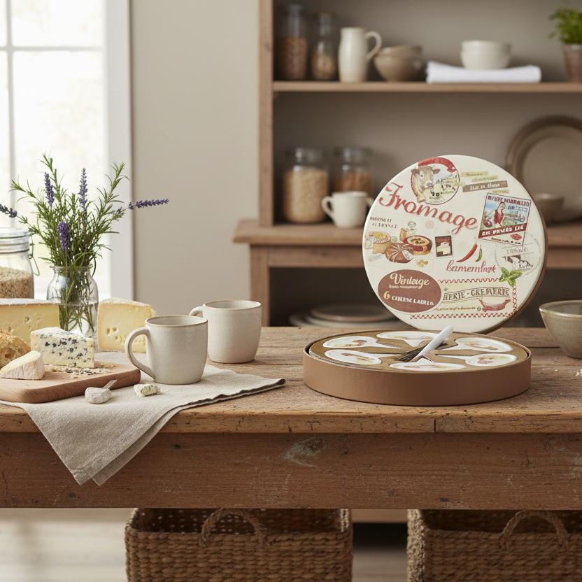 Wooden table with ceramic plates, jars, and a vase in a kitchen setting