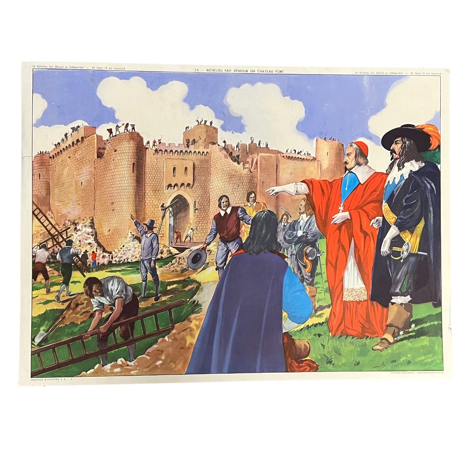 A large French school poster showing a historical scene with people gathered around a castle, likely from a bygone era, set against a white background.