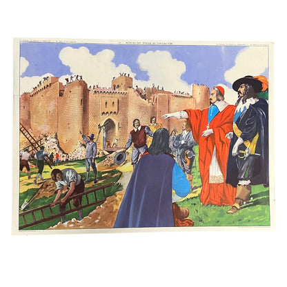 A large French school poster showing a historical scene with people gathered around a castle, likely from a bygone era, set against a white background.