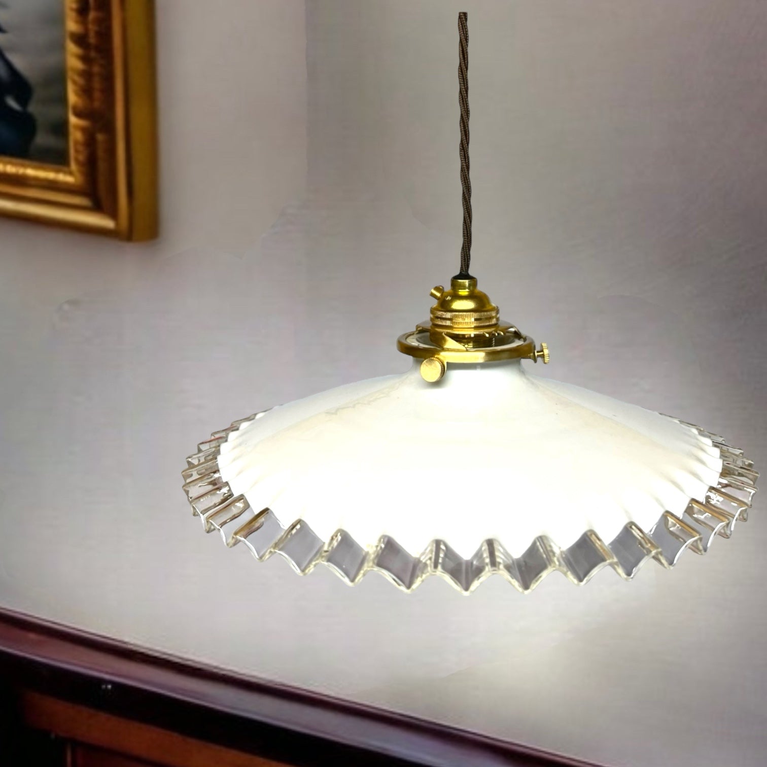 image French vintage pendant opaline pie crust light with new fittings