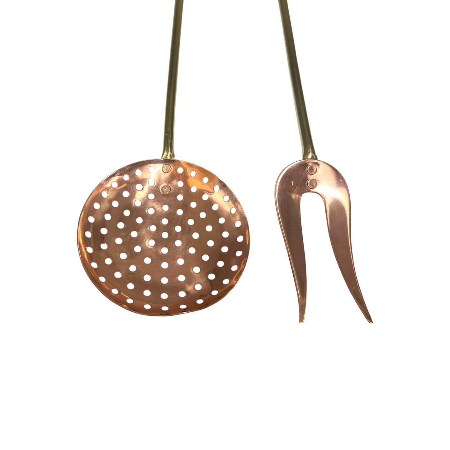 A copper-colored metal kitchen utensil set on a plain white background, featuring a round perforated skimmer and a two-pronged server.