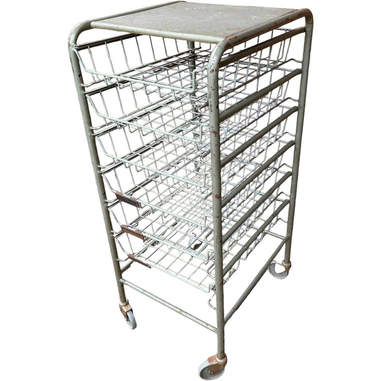 Vintage French Metal Drawer Trolley on Wheels, Industrial Mobile File Storage