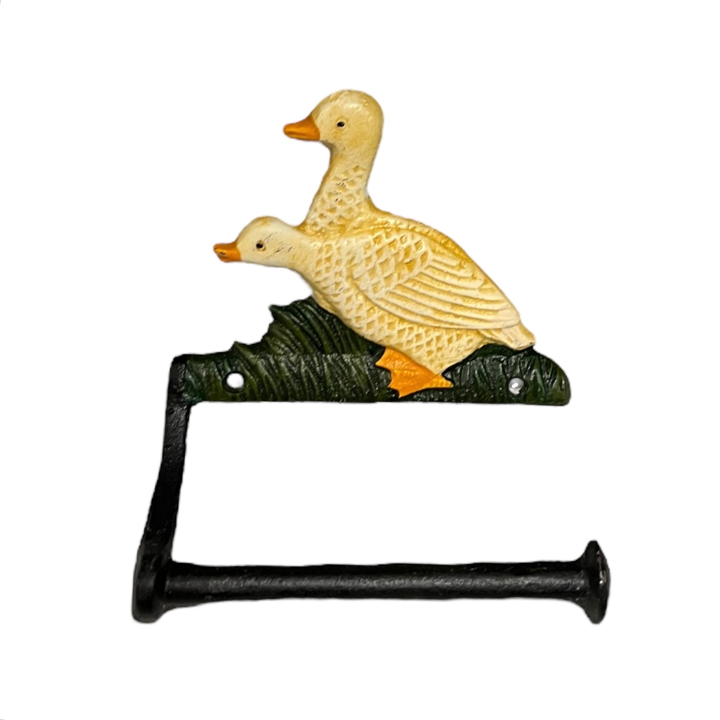 French farmhouse style goose cast iron toilet roll holder on a white background