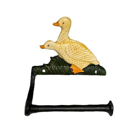 French farmhouse style goose cast iron toilet roll holder on a white background