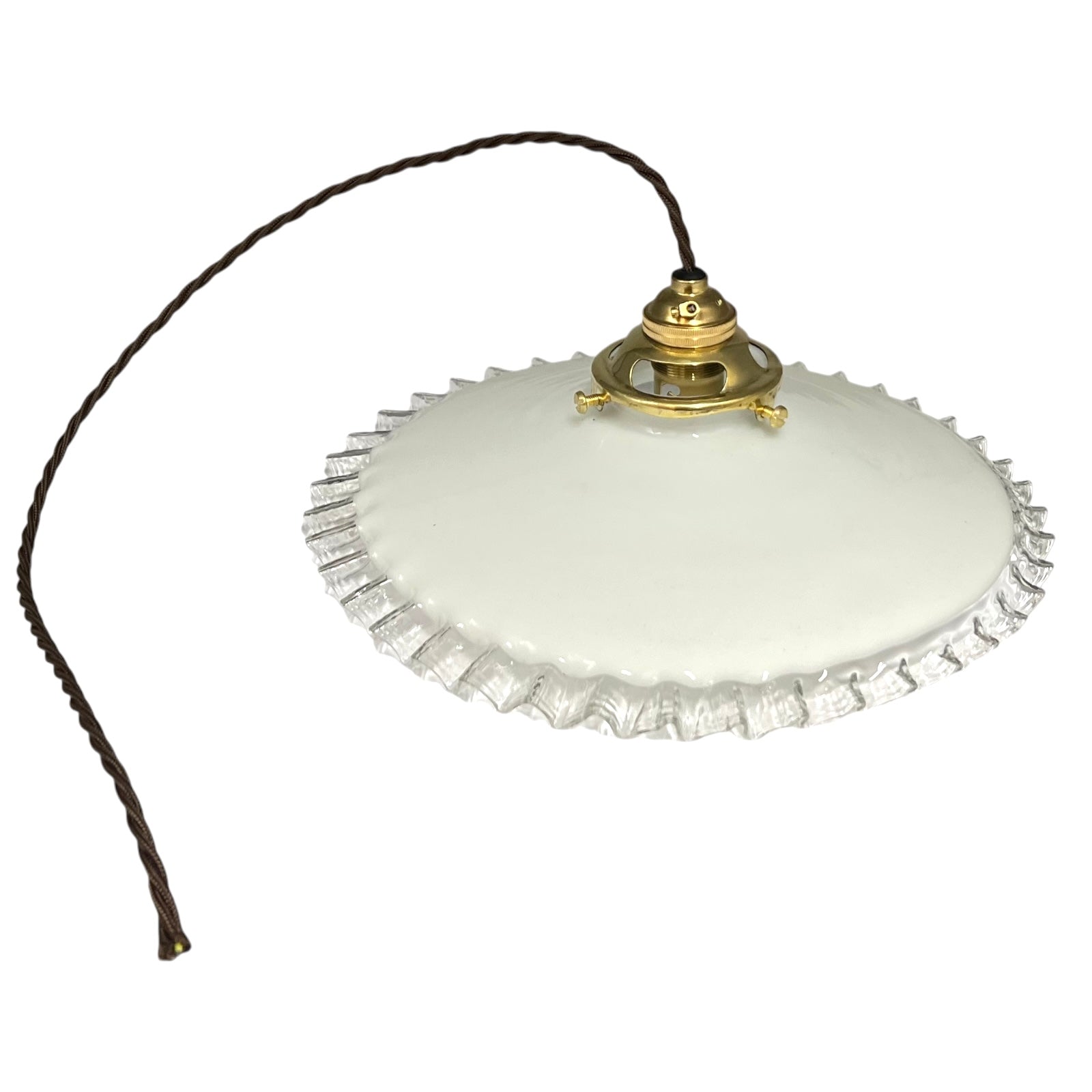 Vintage-style pendant light with white glass shade and brass fitting on a white background