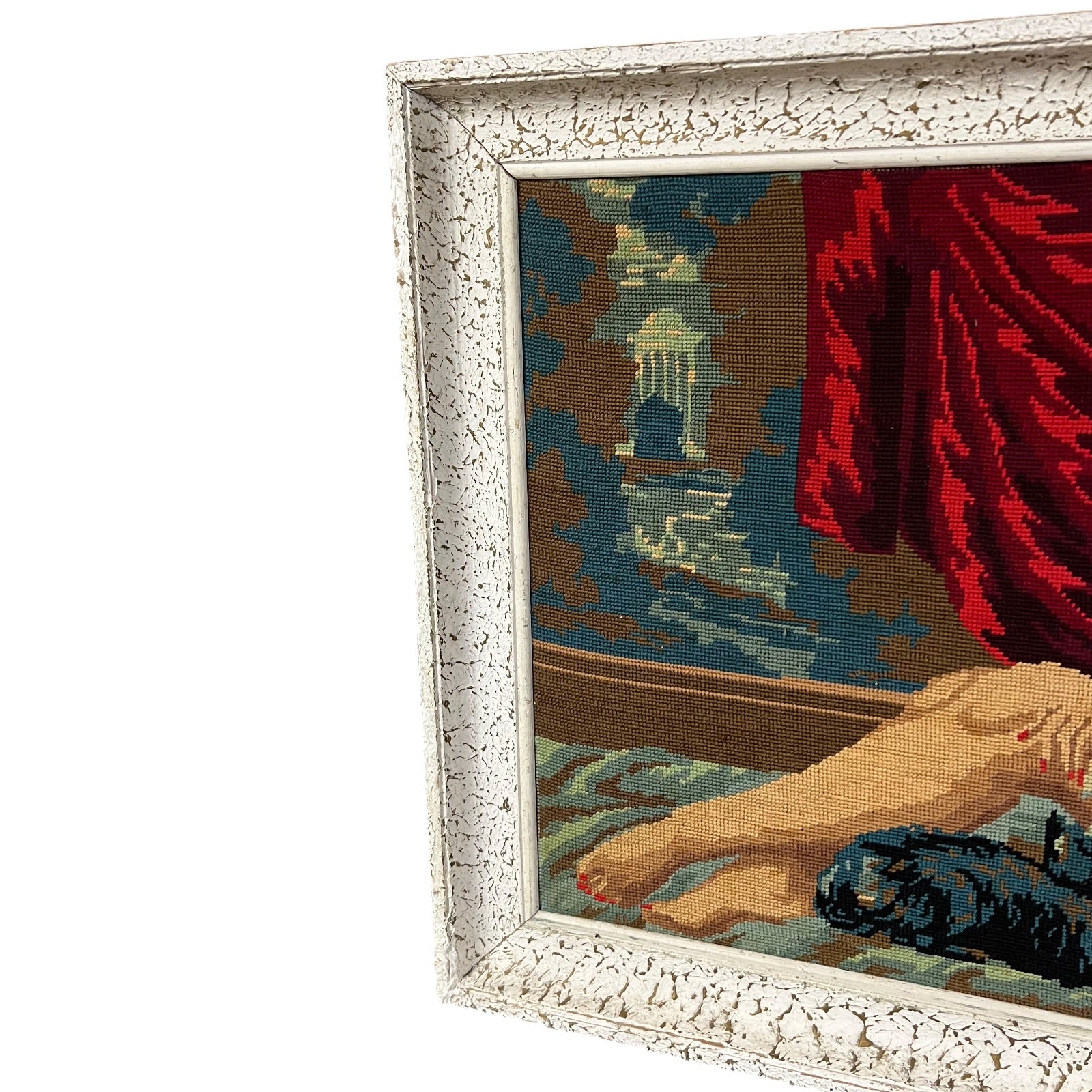close up of a French vintage tapestry on a white background