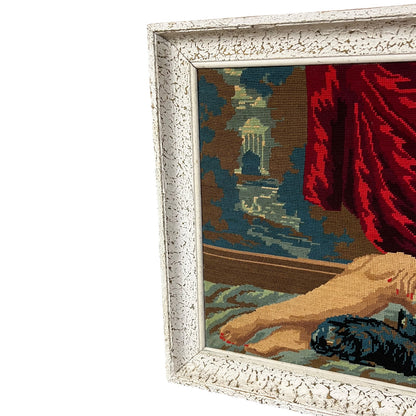 close up of a French vintage tapestry on a white background