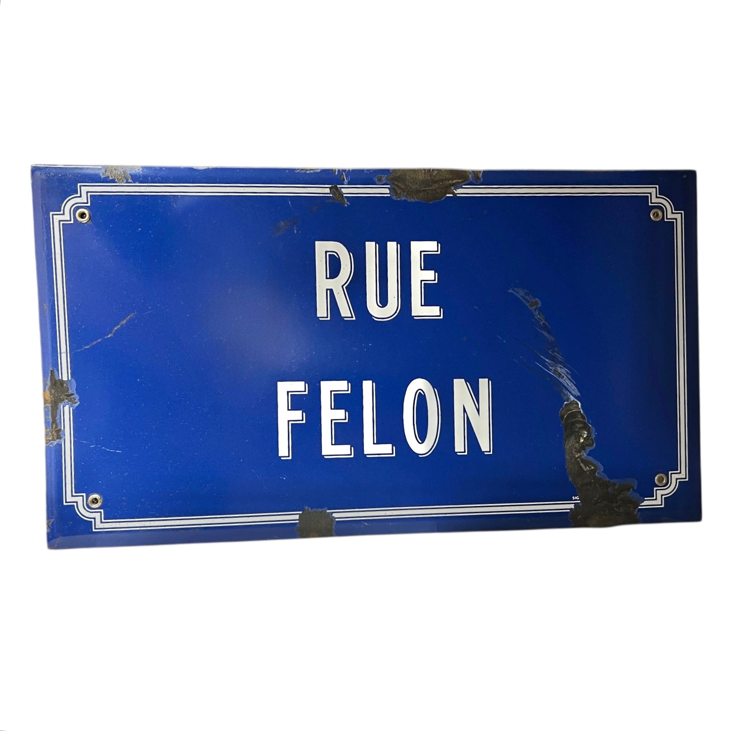Blue street sign with 'RUE FELON' text on a white background