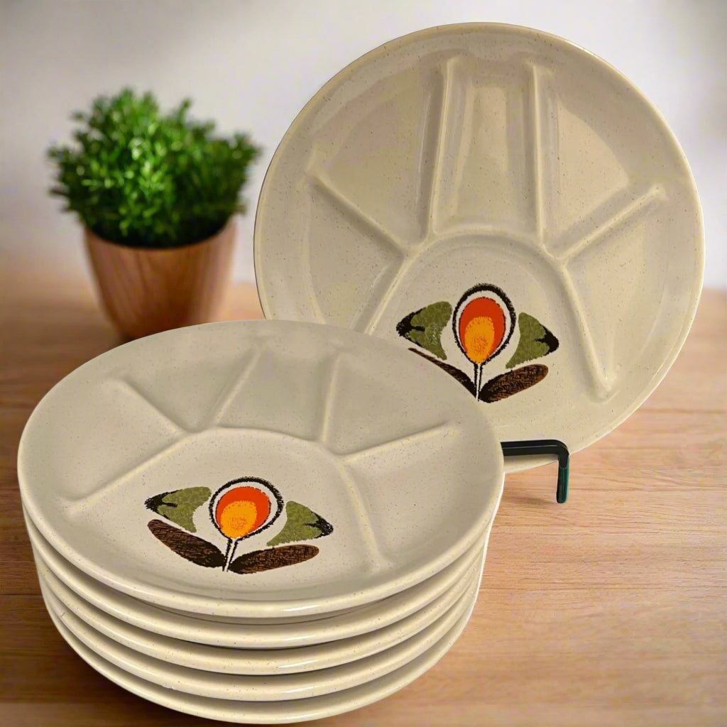 set of 6 Fondue Plates, Retro Mid Century Divided Plate Set, Faience Pottery flower design