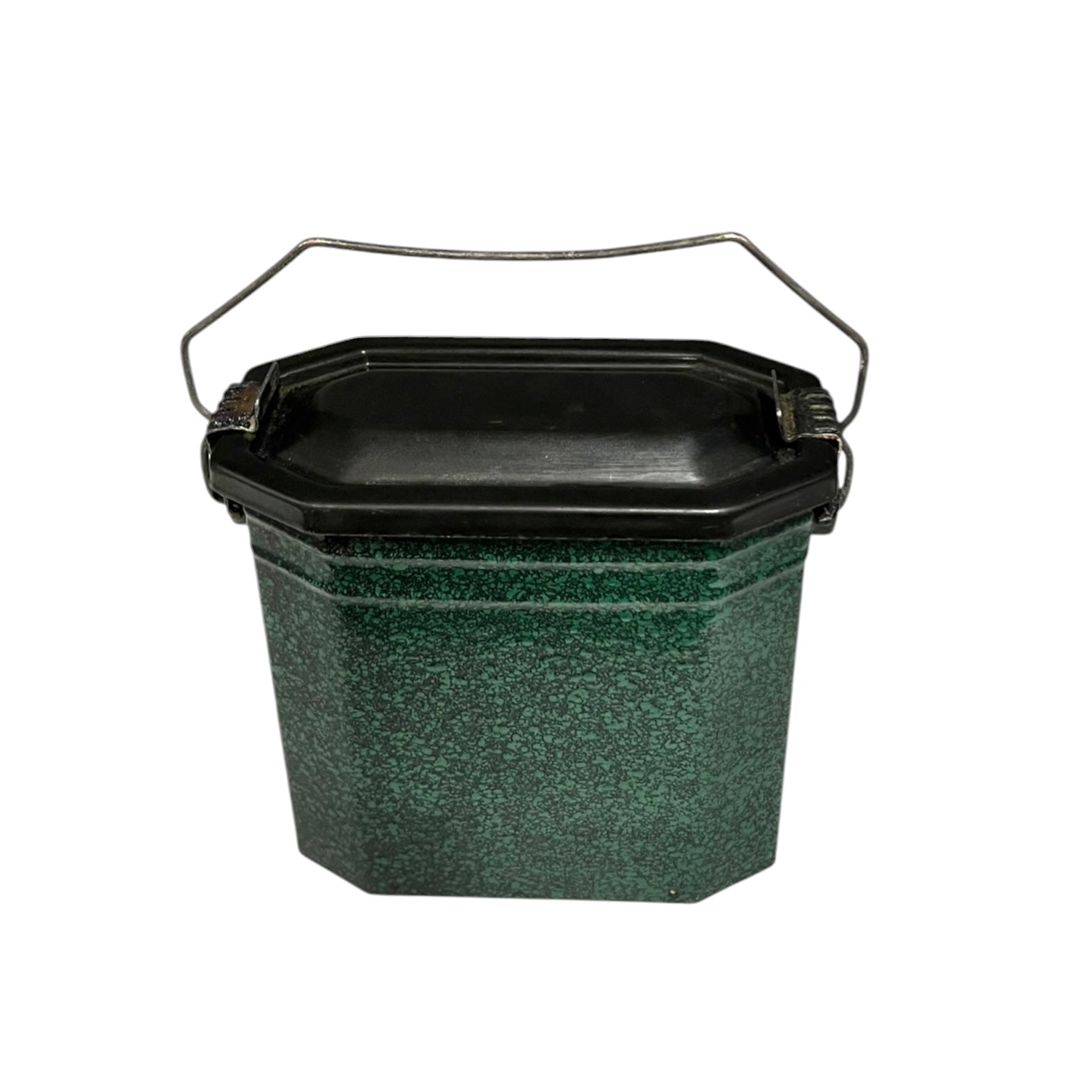Small green French vintage enamel graniteware lunch box lunch pail with a black lid and metal handle  on a white background