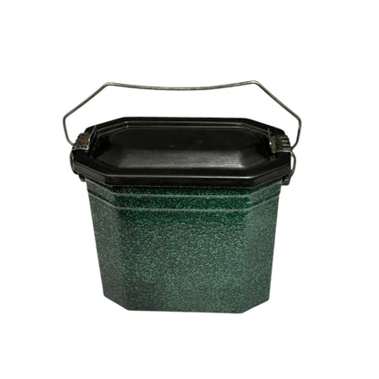 Small green French vintage enamel graniteware lunch box lunch pail with a black lid and metal handle  on a white background