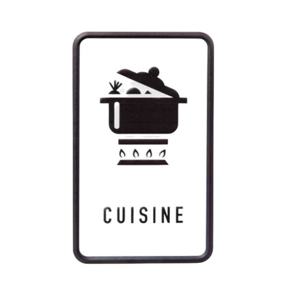 Black and white sign with a cooking pot icon and 'CUISINE' text on a white background