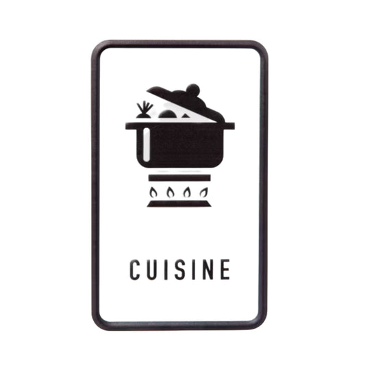 Black and white sign with a cooking pot icon and 'CUISINE' text on a white background