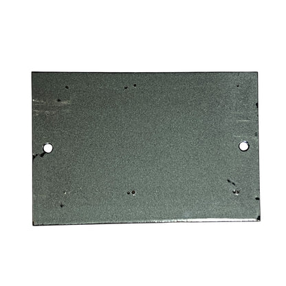 A rectangular dark gray metal plate with two pre-drilled holes, one on each side, shown against a plain white background.
