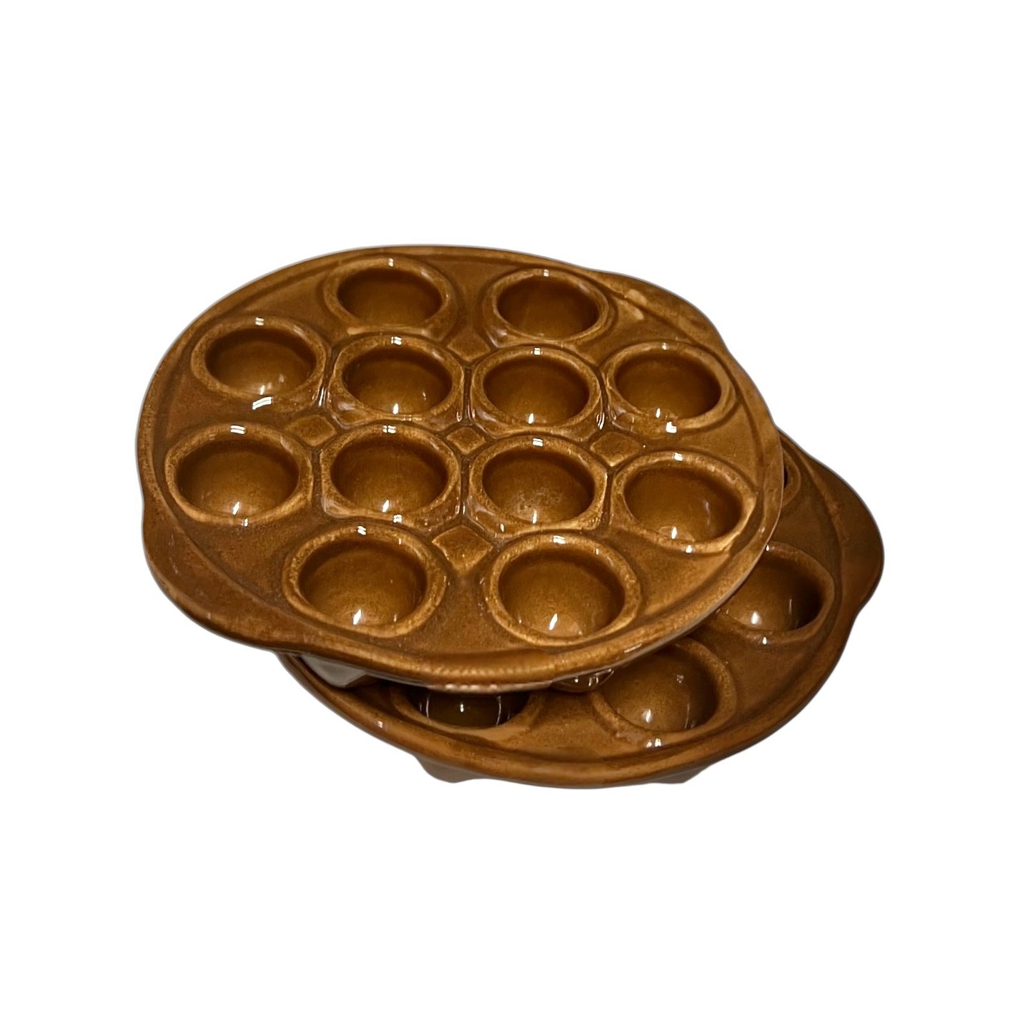 A pair of brown French vintage ceramic escargot plates, each featuring 12 holes and side handles, perfect for French recipes or adding charm to a farmhouse country kitchen, displayed on a white background.