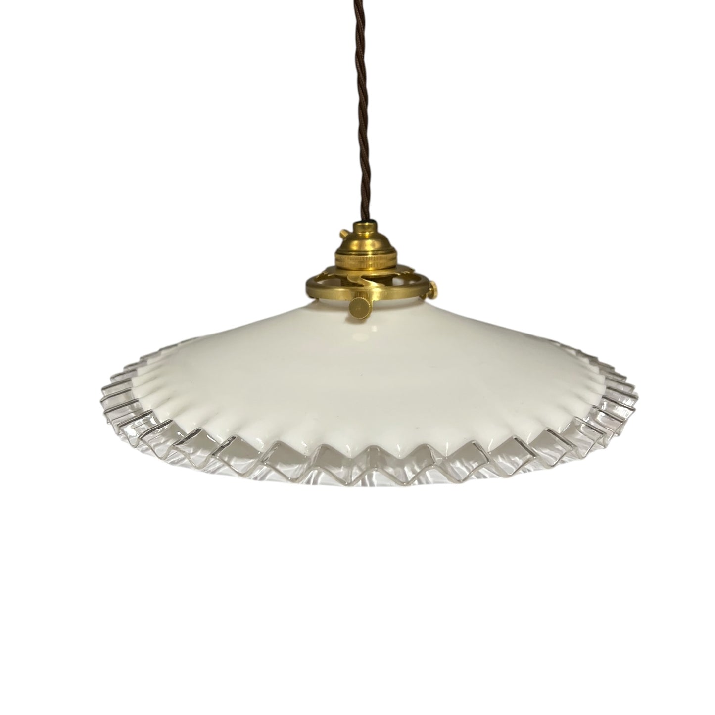 Vintage French Opaline Milk Glass Pendant Pie Crust Lampshade with Brass Collar
