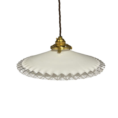 Vintage French Opaline Milk Glass Pendant Pie Crust Lampshade with Brass Collar