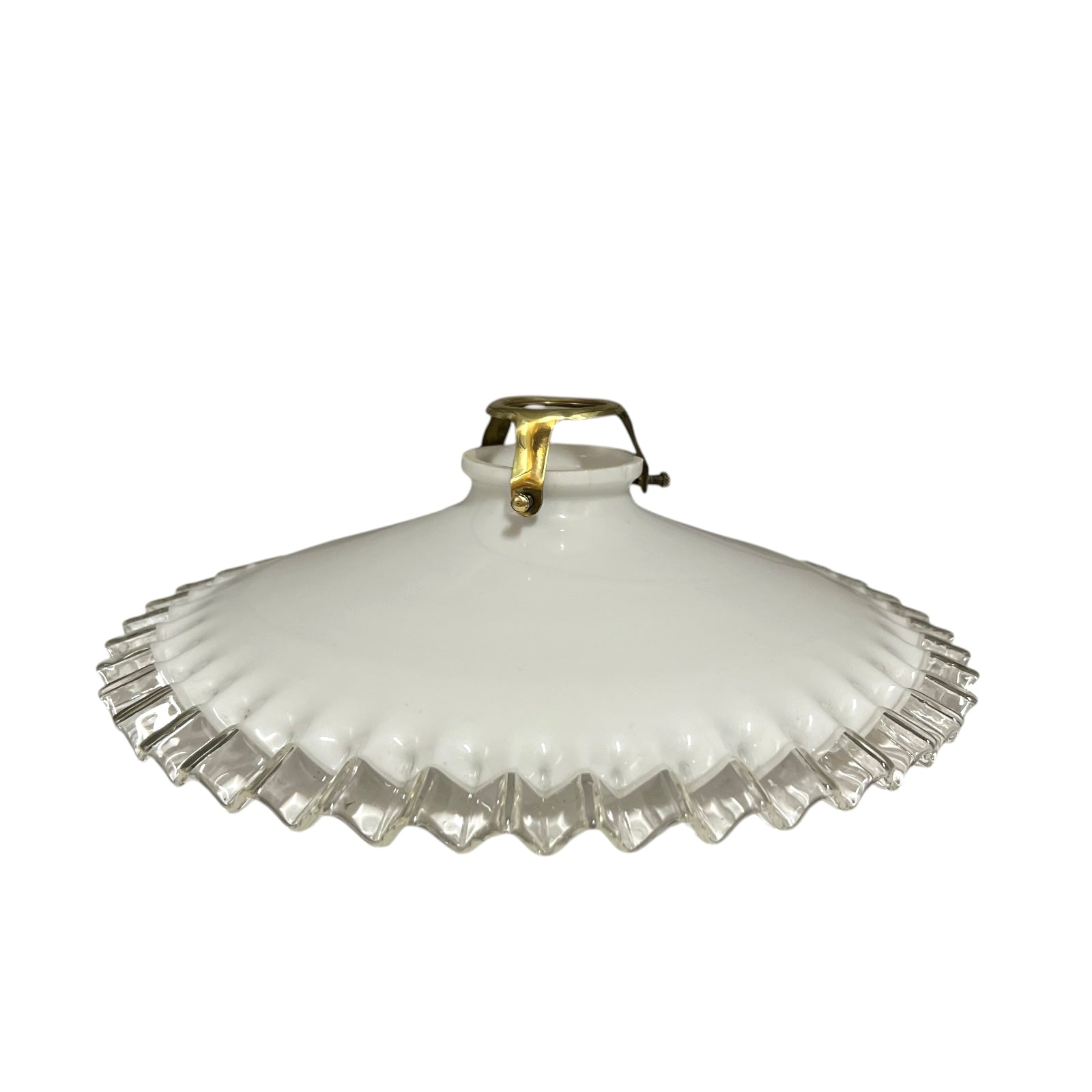 A vintage white ribbed glass lamp shade with a scalloped fluted rim and a brass-colored metal top loop, shown against a plain white background.