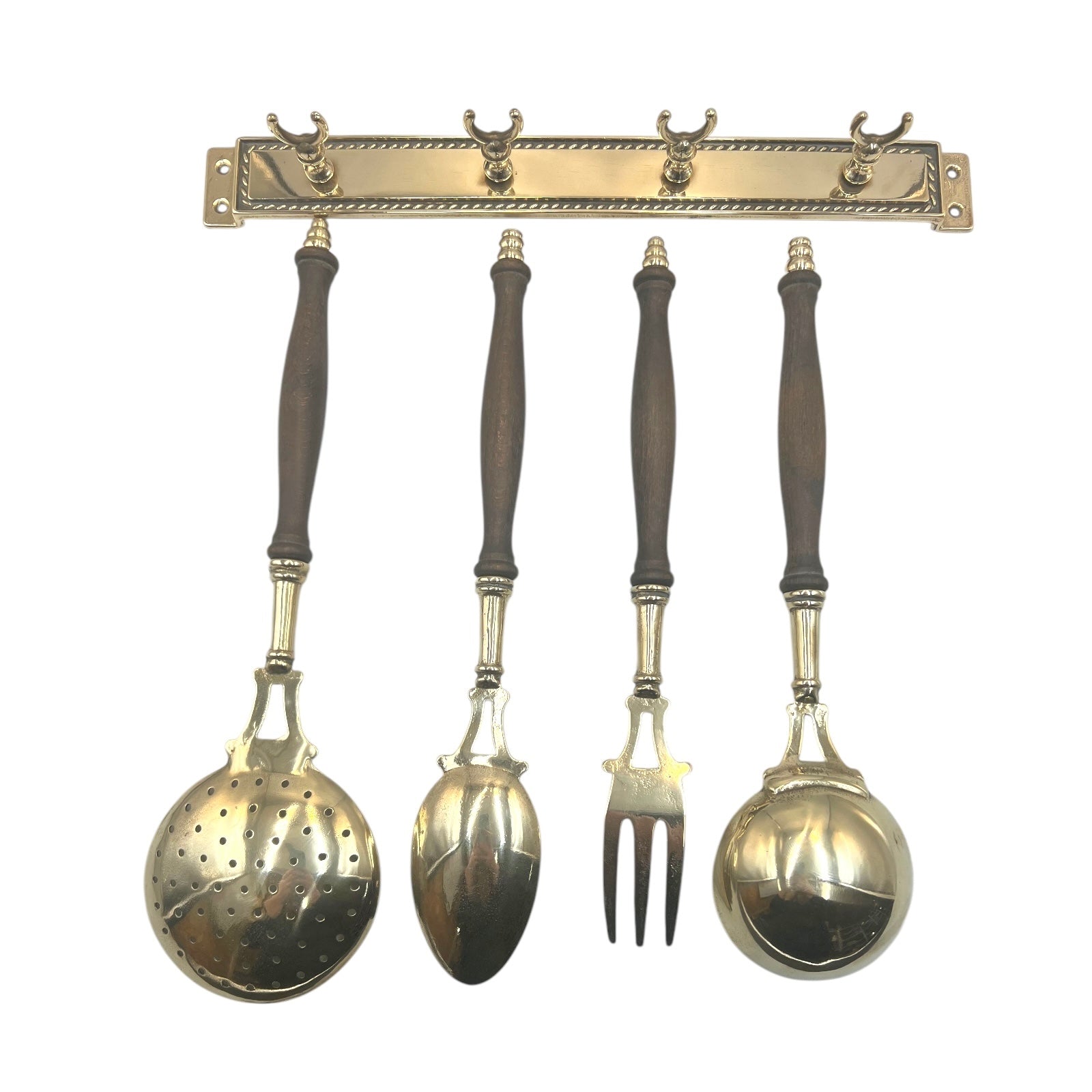 reverse side of brass and wooden utensils 