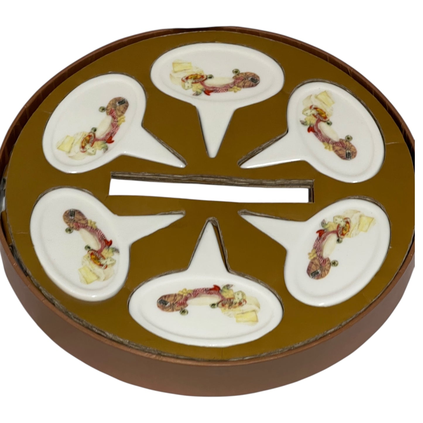Round box with six small white cheese labels containing food illustrations on a white background