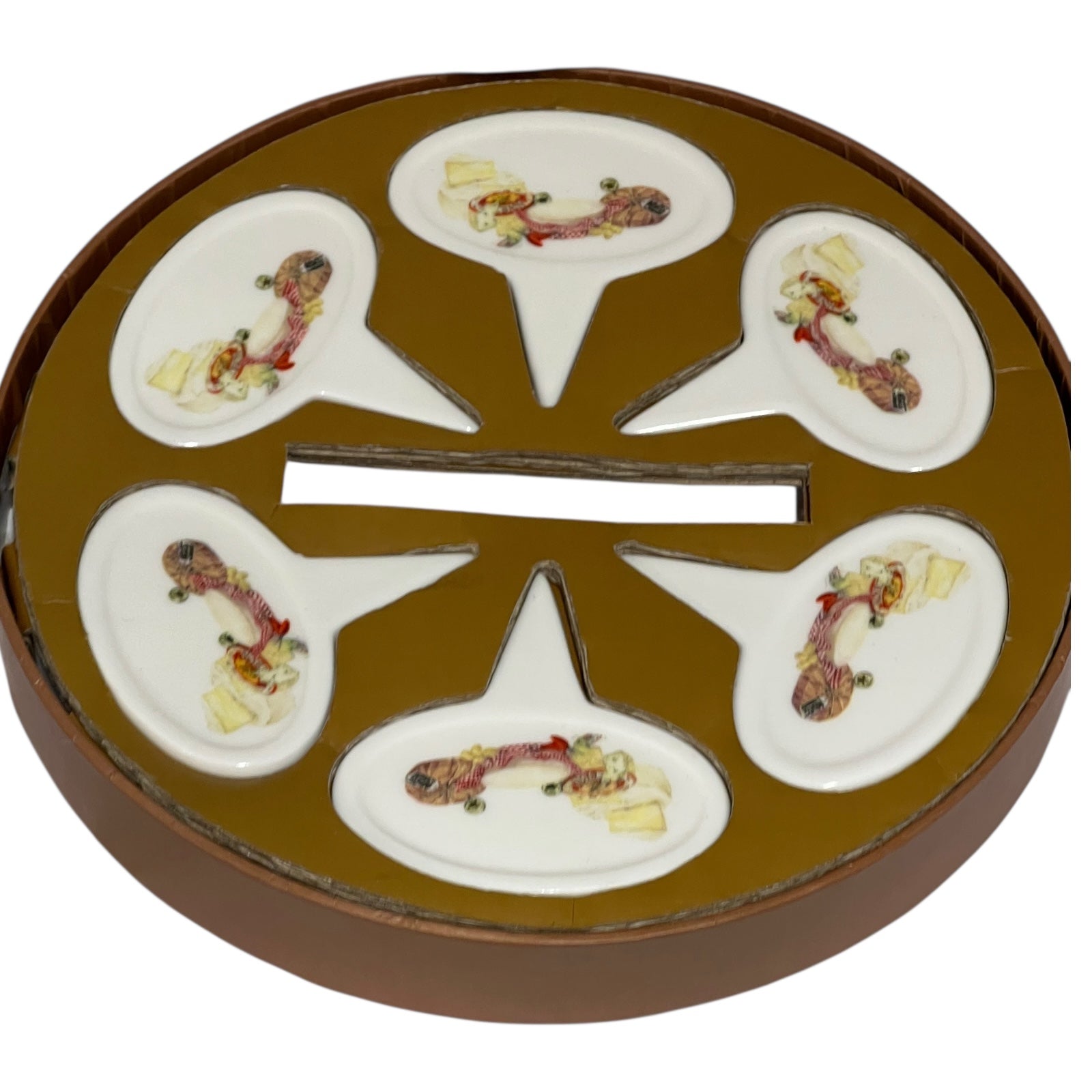 Round box with six small white cheese labels containing food illustrations on a white background