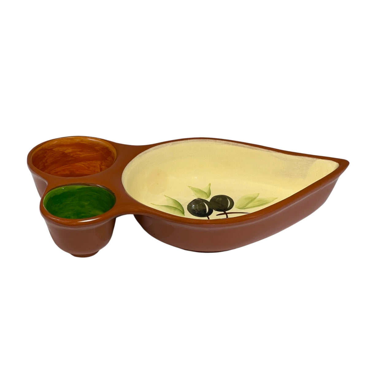 A ceramic three-compartment serving tray with a leaf-like shape, featuring a large cream-colored interior with a painted olive branch design, two brown outer compartments, and one small green cup, shown on a white background.