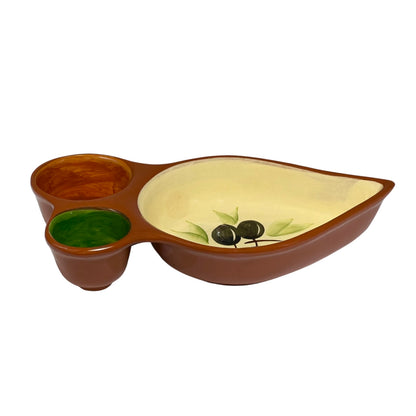 A ceramic three-compartment serving tray with a leaf-like shape, featuring a large cream-colored interior with a painted olive branch design, two brown outer compartments, and one small green cup, shown on a white background.