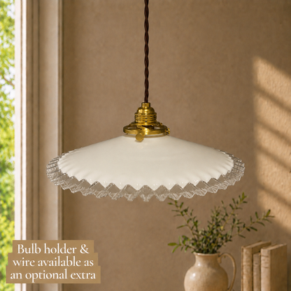 Vintage French Opaline Milk Glass Pendant Pie Crust Lampshade with Brass Collar