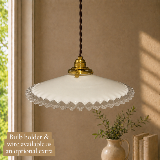 Vintage French Opaline Milk Glass Pendant Pie Crust Lampshade with Brass Collar
