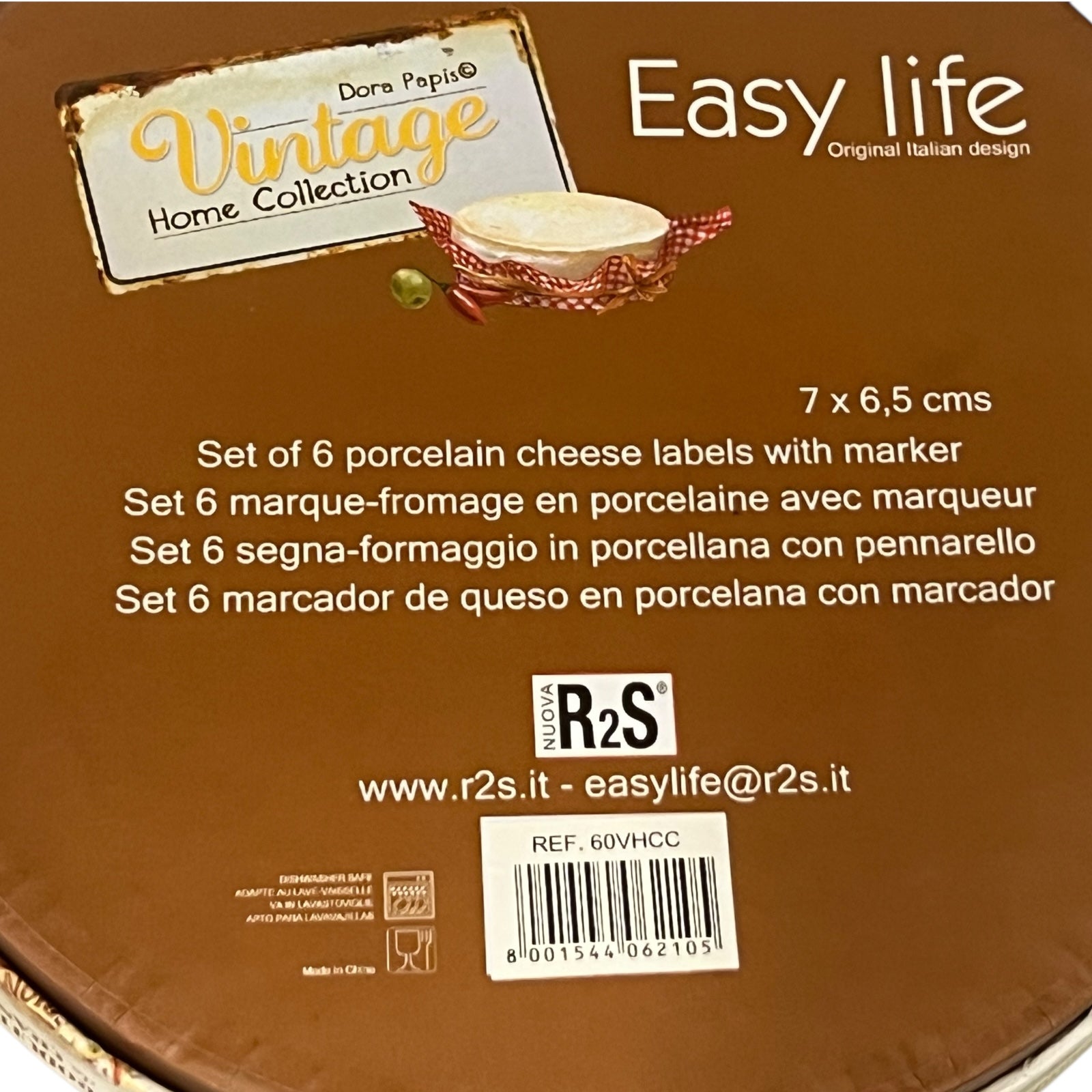 Product packaging for Easy Life porcelain cheese labels with R&S branding.